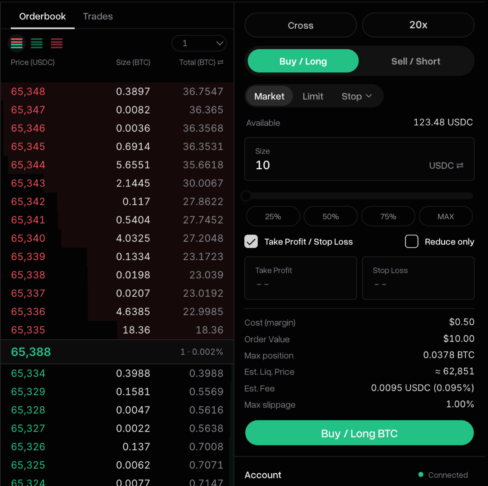 Close-up of the LeoDex perp order ticket set to Cross margin and 20x leverage, Buy/Long selected, a market order of 10 USDC size, with the Take Profit / Stop Loss checkbox enabled showing take-profit and stop-loss fields and a Reduce only option. Below it a summary reads Cost (margin) $0.50, Order Value $10.00, Max position 0.0378 BTC, Est. Liq. Price approximately 62,851, and Est. Fee 0.0095 USDC (0.095%), above a green Buy / Long BTC button.