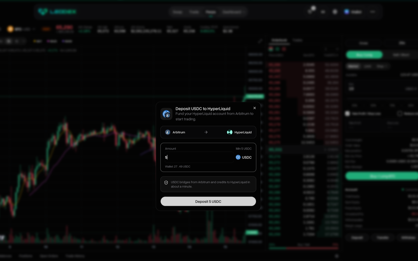 The Deposit USDC to HyperLiquid dialog on LeoDex, subtitled 'Fund your HyperLiquid account from Arbitrum to start trading.' A route strip shows Arbitrum on the left with an arrow to HyperLiquid on the right, an amount field set to 5 with a Min 5 USDC label and a wallet balance of 27.49 USDC, a note reading 'USDC bridges from Arbitrum and credits to HyperLiquid in about a minute,' and a Deposit 5 USDC button.