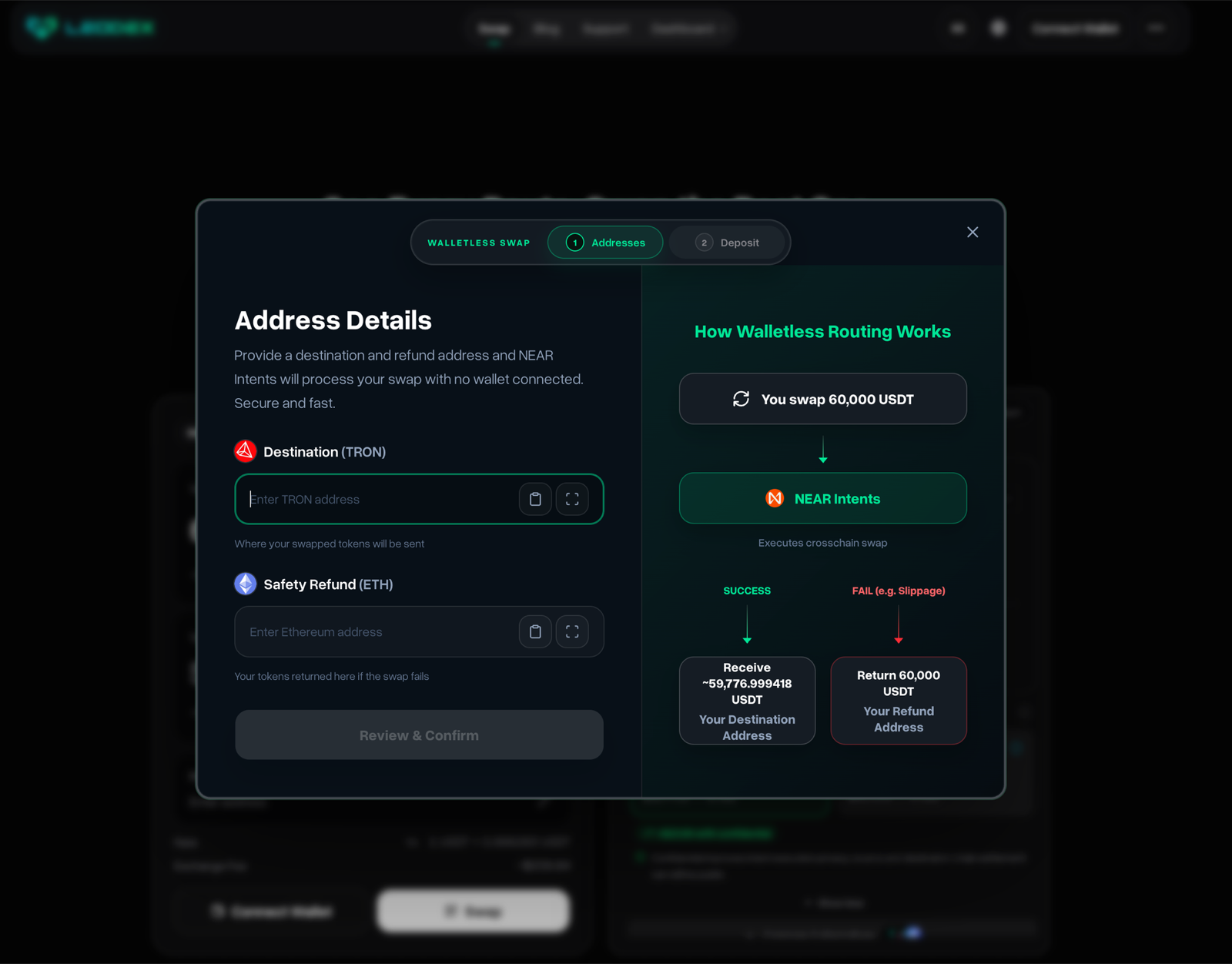 LeoDex walletless swap dialog for a 60,000 USDT swap to TRON via NEAR Intents, requesting only a TRON destination address and an Ethereum safety refund address, with a diagram showing the success path paying the destination and the failure path refunding the sender.